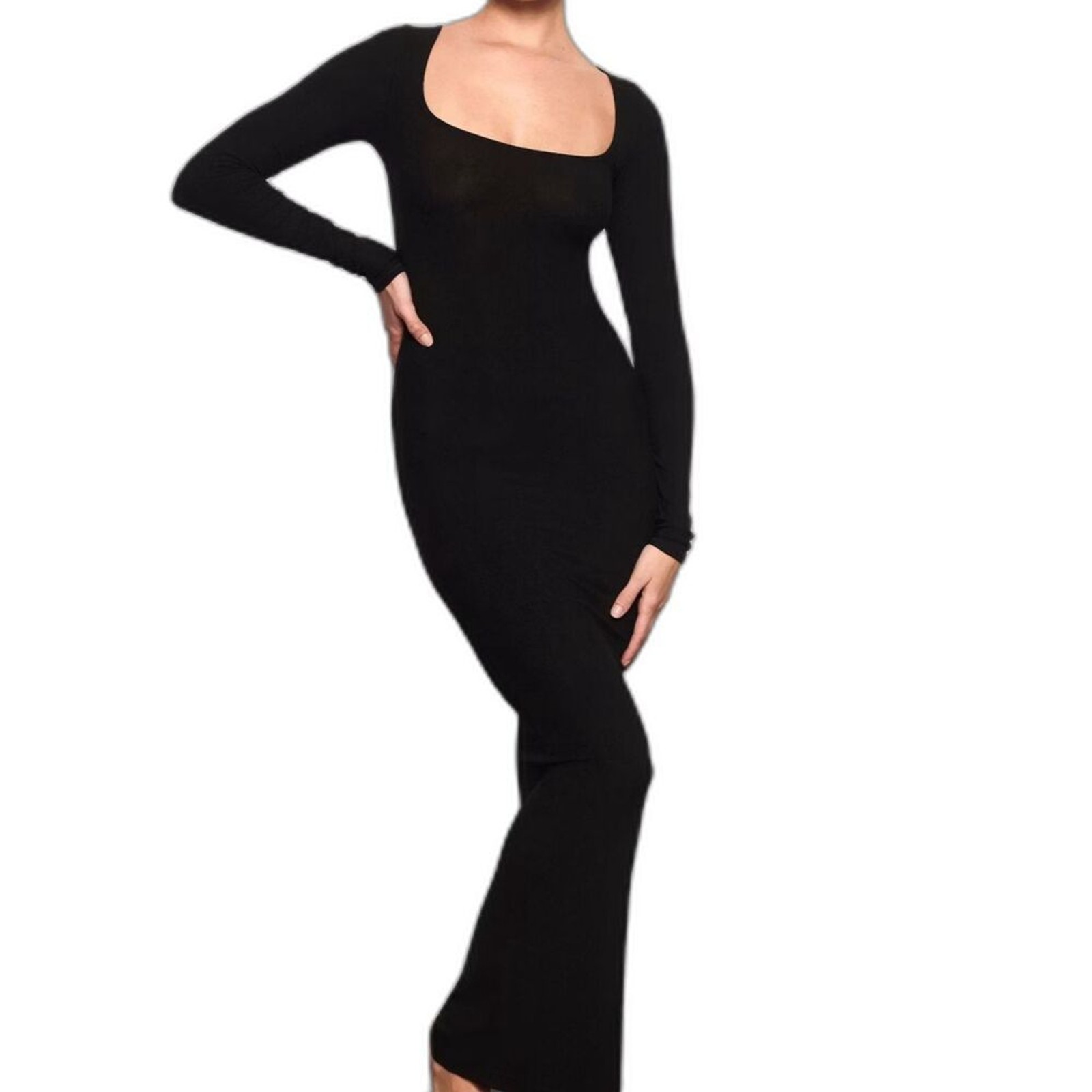 SKIMS Soft Lounge Long Sleeve Maxi Dress Black Ribbed Stretch XS