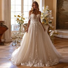 Elegant A-Line Wedding Dresses Off Shoulder Cap Sleees Lace Applique Bridal Gown