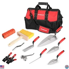 12PC Masonry Hand Tool Set with Bag - Trowels, Raker, Jointer, Brush & More