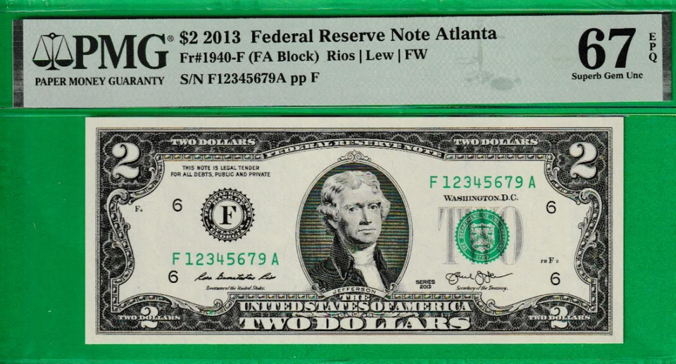 $2  TWO DOLLAR Federal Reserve note LADDER Serial Numbers 1-2-3-4-5-6-7-9 PMG 67 - Image 2 of 3