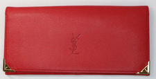 Yves Saint Laurent YSL Red Long Bifold Wallet Gold Tone Corner Trim Logo Used