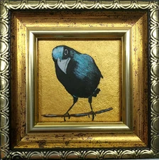 Crow Miniature Oil Painting: Funny Bird Art, Golden Framed 2x2 in, Gift