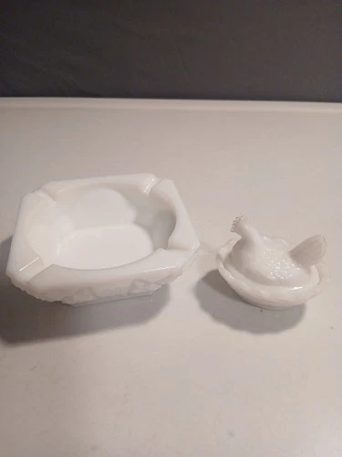 Vintage Westmoreland White Milk Glass Square Ashtray 4" &  Mini Hen & Nest