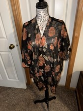 Band of Gypsies Black Dark Floral Sheer Kimono Duster Boho Cover Up Small/Medium