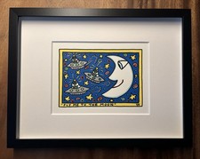 James Rizzi: original Siebdruck „FLY ME TO THE MOON", 1995, gerahmt