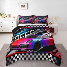 Purple Race Car Bedding Set - Twin Size Boys - 1 Comforter Set with 1 Pillowc...