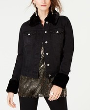 Leopard Print Faux Fur Trim Denim Jacket Black L