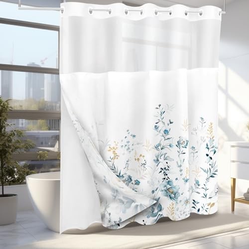 No Hooks Snap in Liner Watercolor Shower 71"W x 71"L (Pack of 1) Blue Floral - Picture 3 of 6