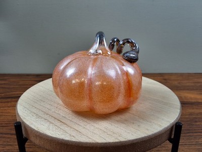 Art Glass Pumpkin Frosted Orange with a Brown Iridescent Curly Stem