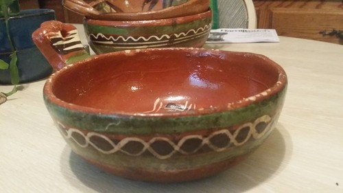 VTG Mexican Handmade Soup 6" Bowl Pottery Red Clay Hand Painted Primitive Signed - Picture 2 of 12