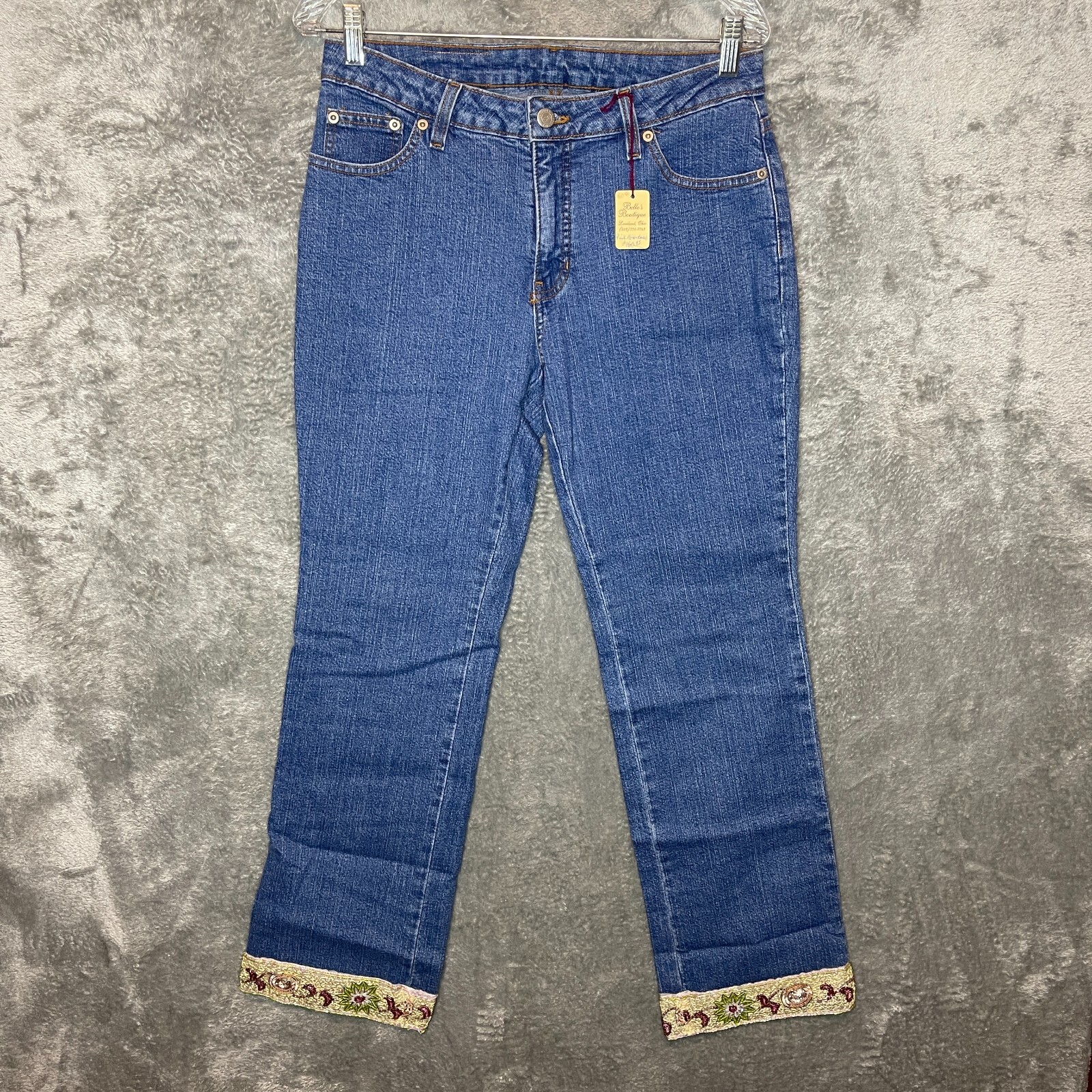 Womens Beaded Boho Medium Wash Classic Mid Rise Straight Mom Denim Jean 10