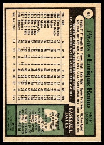 1979 O-Pee-Chee Enrique Romo Pittsburgh Pirates #281 R136 - Picture 2 of 2