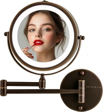 7" Lighted Wall Mount Makeup Mirror with 1X/10X Magnification, Cordless Double S