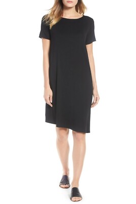 eileen fisher ballet neck jersey dress EILEEN FISHER Asymmetrical Stretch Jersey Ballet Neck Shift Dress BLUE XS  $168
