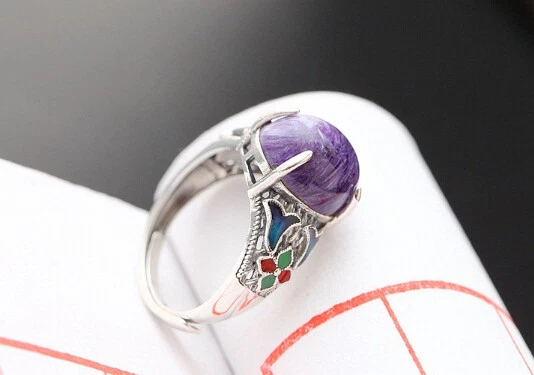 Anello D10 Lilla Charoite Pietra Sogno Siberiano 925 Argento Sterling Regolabile - Immagine 2 di 4