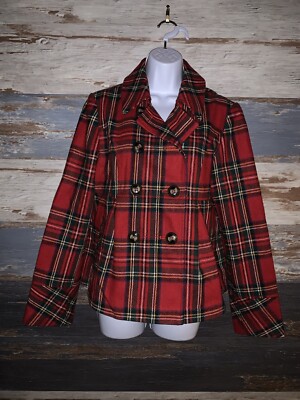 Pink Envelope Women's Red Plaid Coat Jacket Size Large L Christmas