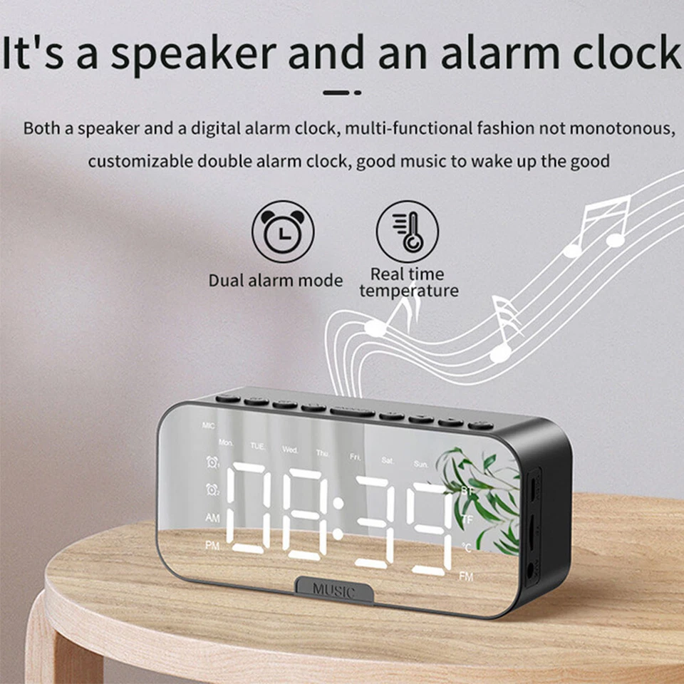 Digital Alarm Clock FM Radio Mirror LED w/Wireless Speaker USB Rechargeable USA - Image 3 of 4