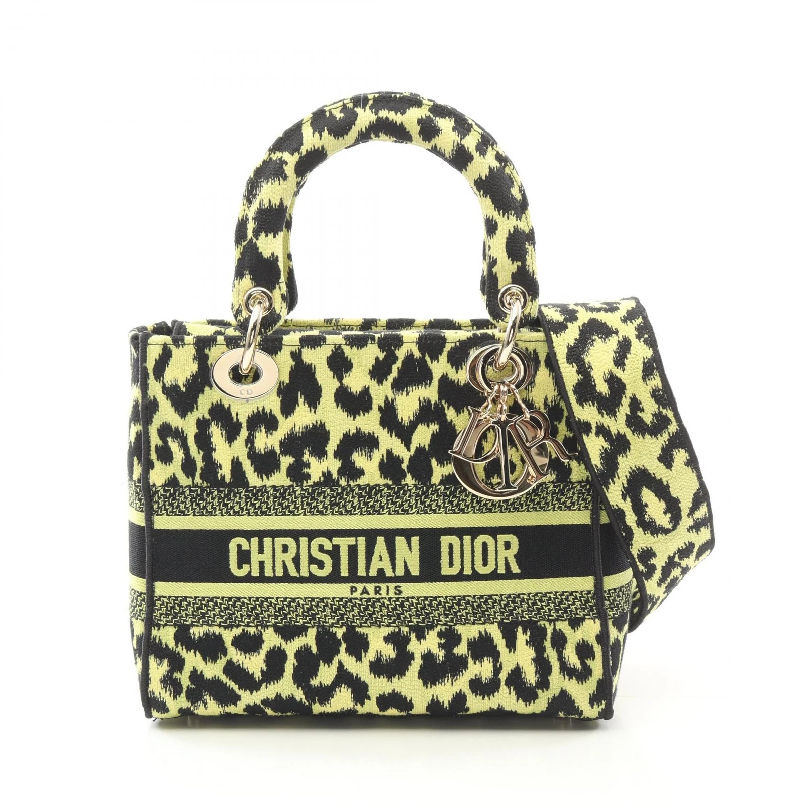 Christian Dior LADY D LITE Sac fourre tout bandoulière main moyen toile jaune léopard