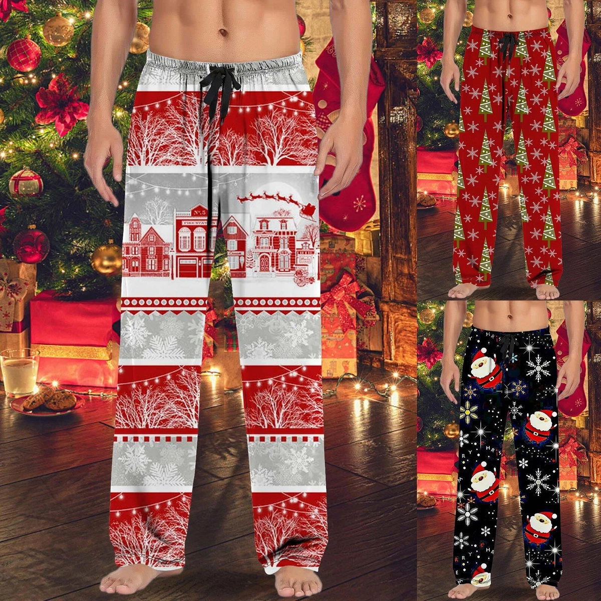 Christmas Mens Casual Pants Pajama Pants With Drawstring And