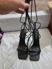 Fashion Nova Black Square Open Toe Ankle Wrap Lace-up Gold Heel Stiletto 6.5