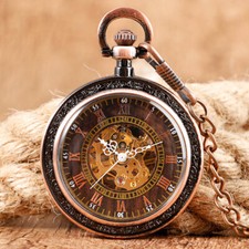 Red Copper Open Face Mechanical Pocket Watch Skeleton Roman Numerals Display