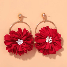 Bohemian Gold Hoop Red Flower Earrings