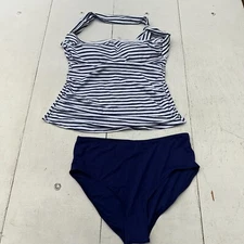 Tempt Me Navy Blue White Striped Halter Neck Tankini Swim Set Women's Size Large