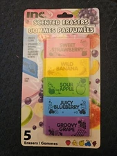INC. 5- Scented Erasers- Strawberrry Banana Apple Blueberry Grape Latex Free