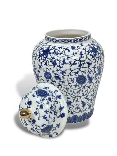 Clayre & Eef Deckelvase Vase Blumenvase Porzellan Ranken Blüten 21cm Blau - Bild 5 von 10