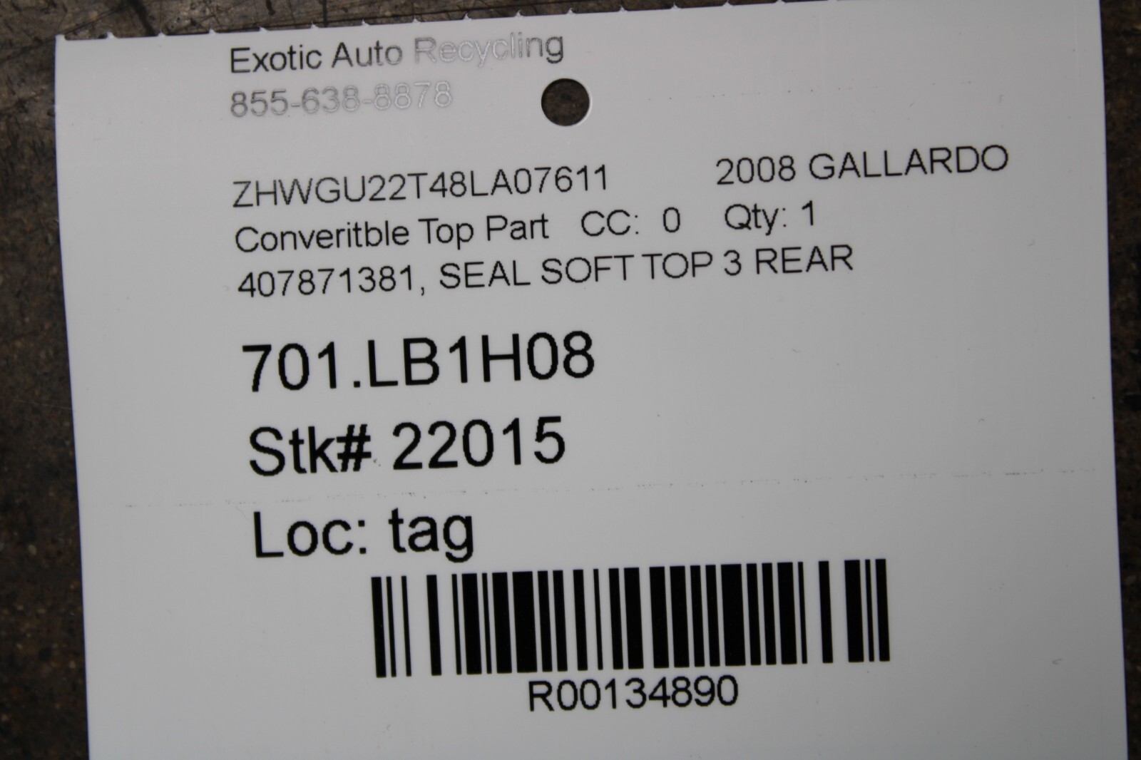 Lamborghini Gallardo, Spyder, Soft Top 3 Rear Moulding, Used, P/N 407871381