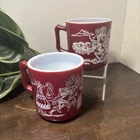 VTG Pair Of Hazel Atlas Western Childs Dark Red Milk Glass Mugs Native American