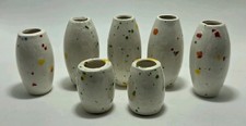 Lot Of 7 Large Ceramic Tube Oval Macrame Beads White W/Multicolor Speckles Dots