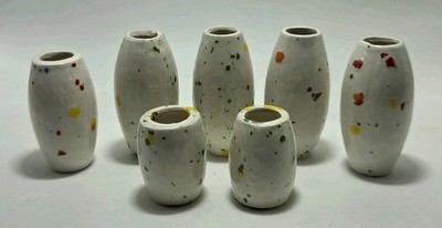Lot Of 7 Large Ceramic Tube Oval Macrame Beads White W/Multicolor Speckles Dots 