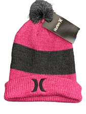 Hurley Youth Girls Winter Beanie Pom Pom Fuchsia Cuffed Hat Size 7/16 NEW