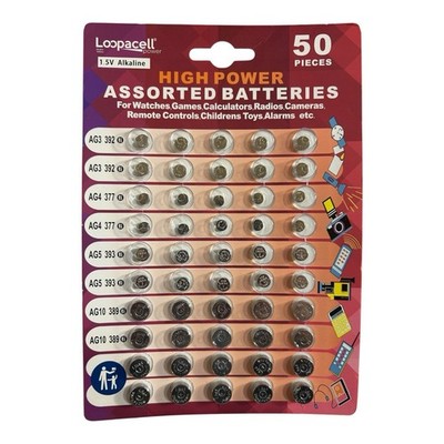 Loopacell Assorted Button Cell Batteries AG3-AG10 50