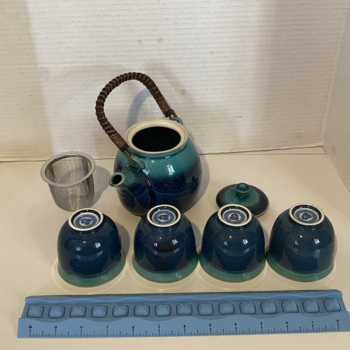 Teavana Stoneware Tea Set Teapot Azure Blue Green 4 Cups Bamboo Handle Japan Pot - Picture 7 of 8