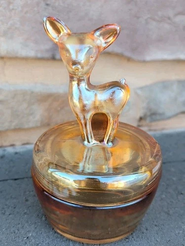 Vintage 1940's Jeanette Marigold Lustre Glass Fawn Deer Powder Trinket Dish