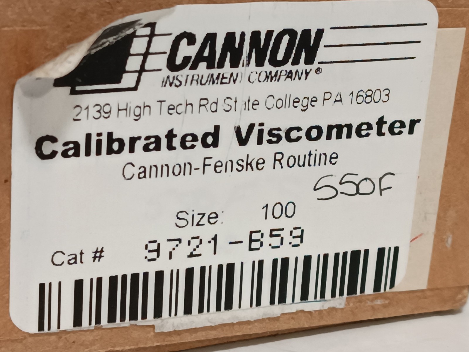 Cannon Instrument Co. 9721-B59 Calibrated Viscometer, Cannon-Fenske Routine, 100