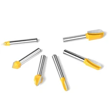 6pcs Carbide 1/4in Shank Router Bit 90 Degree Woodworking Cutter Wood Craft Tool