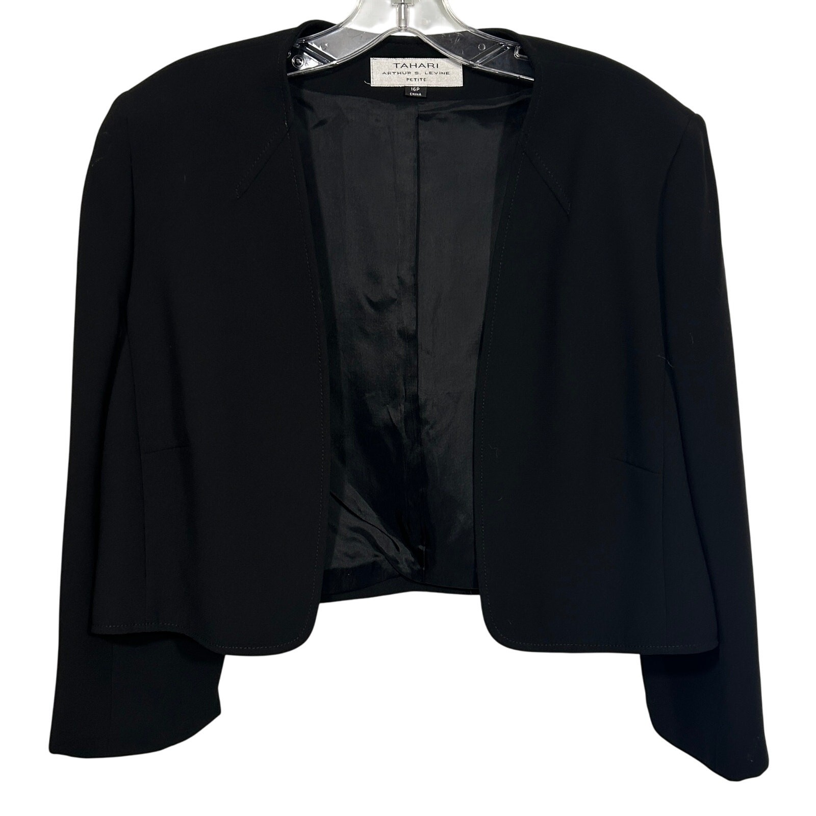 Tahari Arthur S. Levine Black Open Front Cropped Blazer Jacket 16P Petite