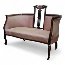 Antique Victorian sofa settee 2 seater salon bench - carved inlaid mahogany