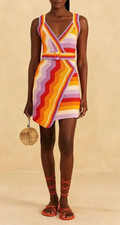 $258 Farm Rio Crochet Belted Wrap Mini Dress Colorful Kitsch Whimsy Rainbow XS
