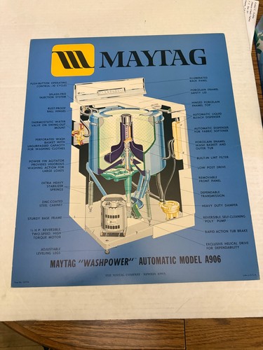 Vintage Maytag Showroom "Washpower" Model A906 Cutaway Diagram Advertising Sign