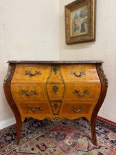 FRENCH MARQUETRY INLAID MARBLE TOP BOMBE SHAPED COMMODE/CHEST CIRCA 1950