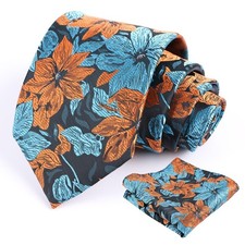 Mens 3.35inches Large Floral Pattern Necktie and Printed Pocket Square Set, T...