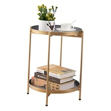  2-Tier Round Gold Side Table, Outdoor Small Folding Accent Stand Gold&grey