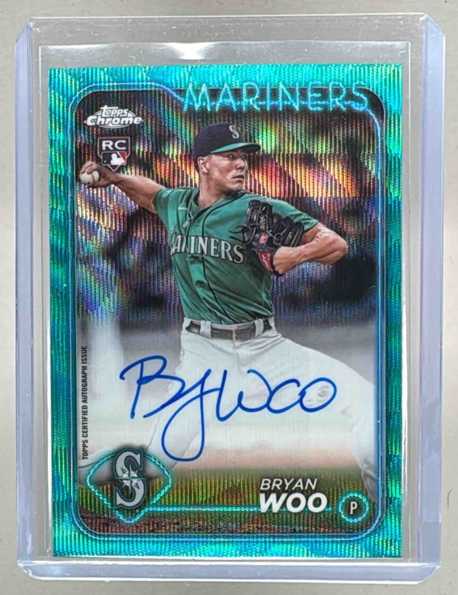 Bryan Woo 2024 Topps Chrome #RA-BWO Aqua Wave Refractor Rookie Auto RC /199