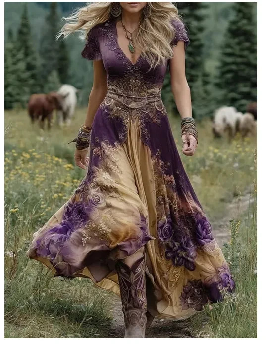 Vestido para mujer suelto a juego patrón creativo tótem manga corta en V profundo