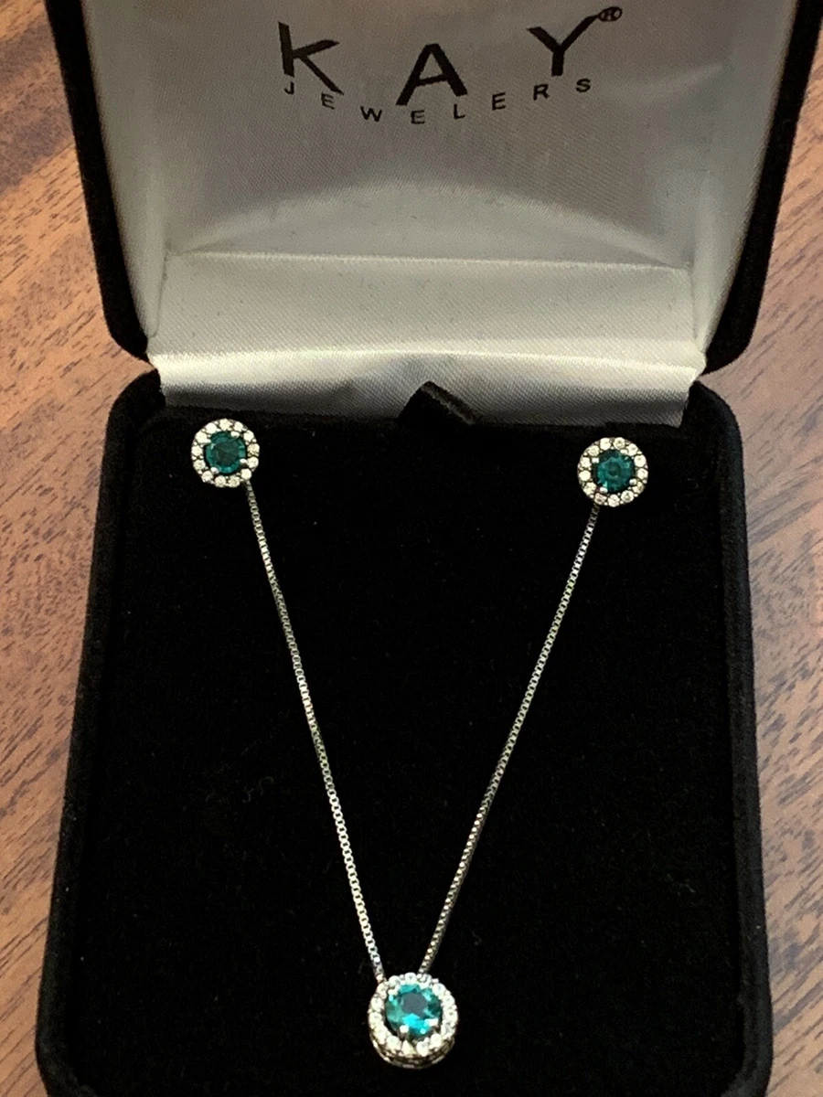 KAY JEWELERS Emerald Diamond Necklace Earrings Boxed Set Sterling Silver