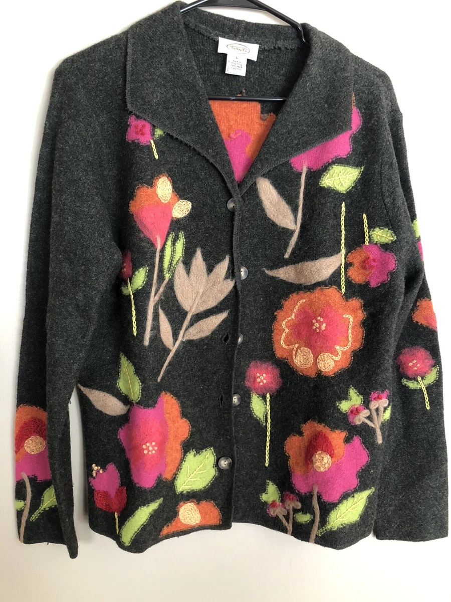 Vintage TALBOTS Lambs wool Colorful Floral Cardigan Sweater Size L 